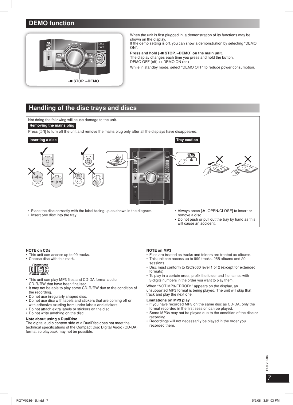 7demo function, Handling of the disc trays and discs | Panasonic SB-WAK770 User Manual | Page 7 / 24