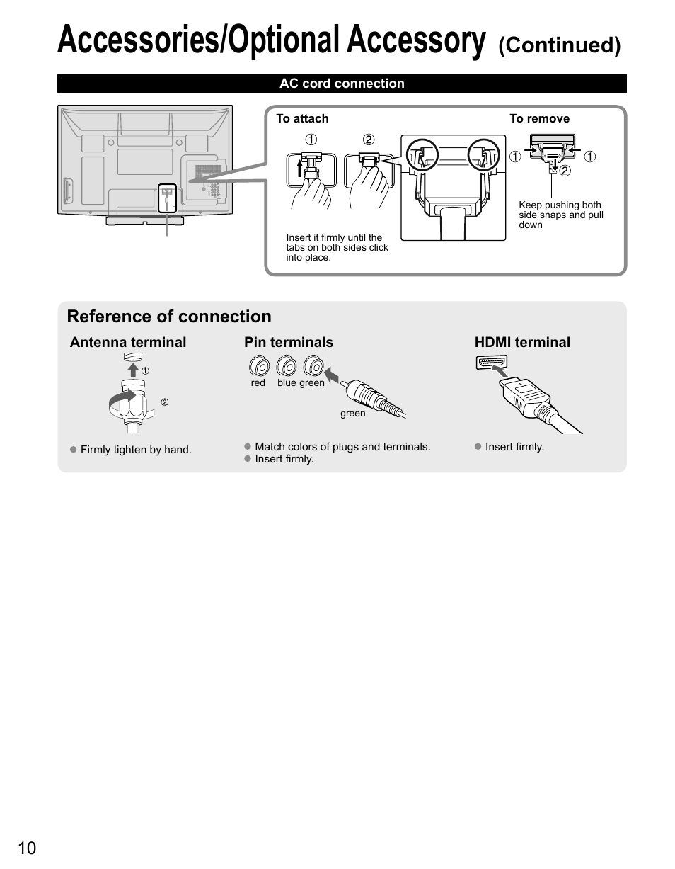 Accessories/optional accessory, Continued), Reference of connection | Panasonic TC-50PX14 User Manual | Page 10 / 58