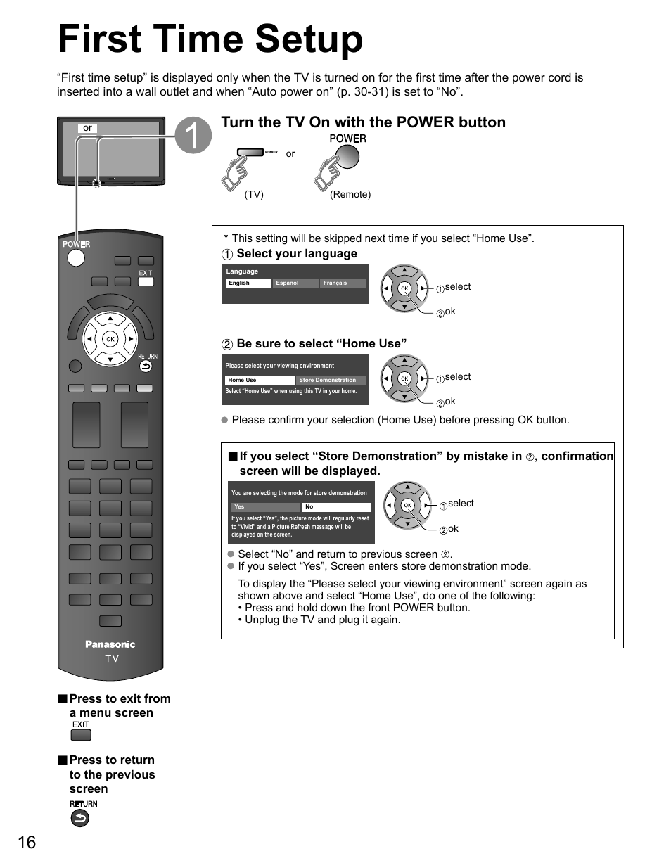 First time setup, Turn the tv on with the power button | Panasonic TC-50PX14 User Manual | Page 16 / 58