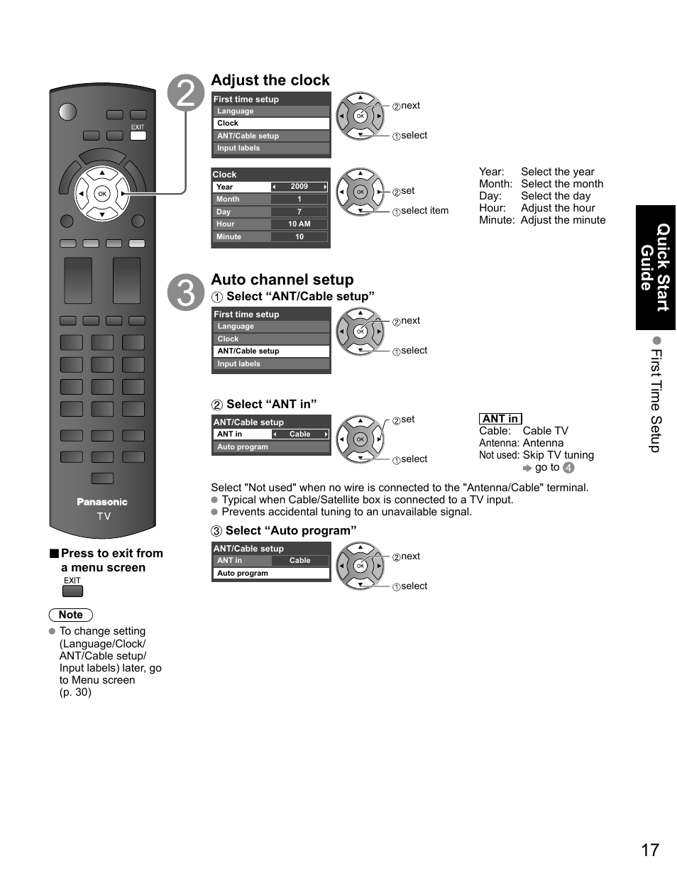 Quick start guide, Adjust the clock, Auto channel setup | First t ime setup | Panasonic TC-50PX14 User Manual | Page 17 / 58