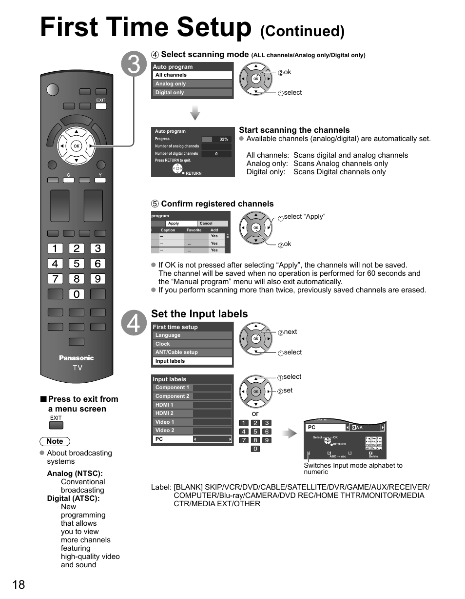 First time setup, Continued), Set the input labels | Press to exit from a menu screen, Select scanning mode, Start scanning the channels, Confirm registered channels | Panasonic TC-50PX14 User Manual | Page 18 / 58