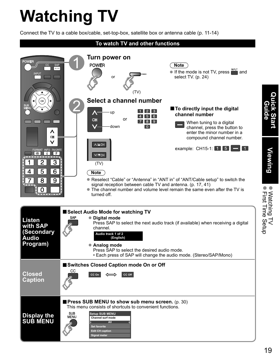 Watching tv, Quick start guide v iewing, Turn power on | Select a channel number | Panasonic TC-50PX14 User Manual | Page 19 / 58