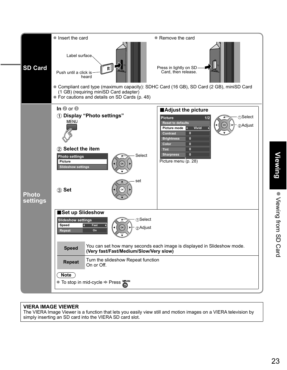 Viewing, Viewing from sd card sd card, Photo settings | Panasonic TC-50PX14 User Manual | Page 23 / 58