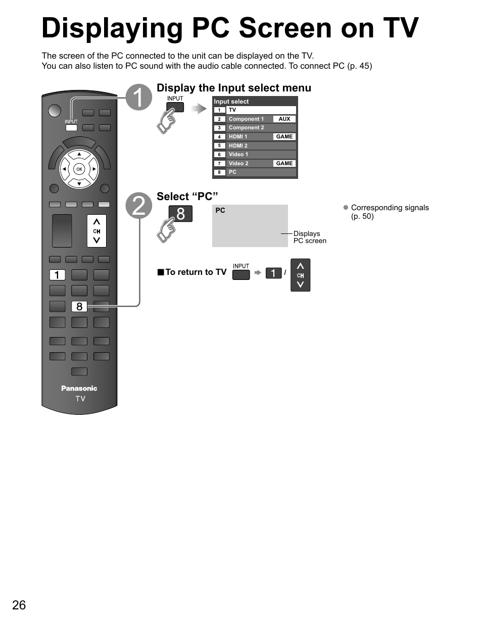 Displaying pc screen on tv, Display the input select menu, Select “pc | Panasonic TC-50PX14 User Manual | Page 26 / 58