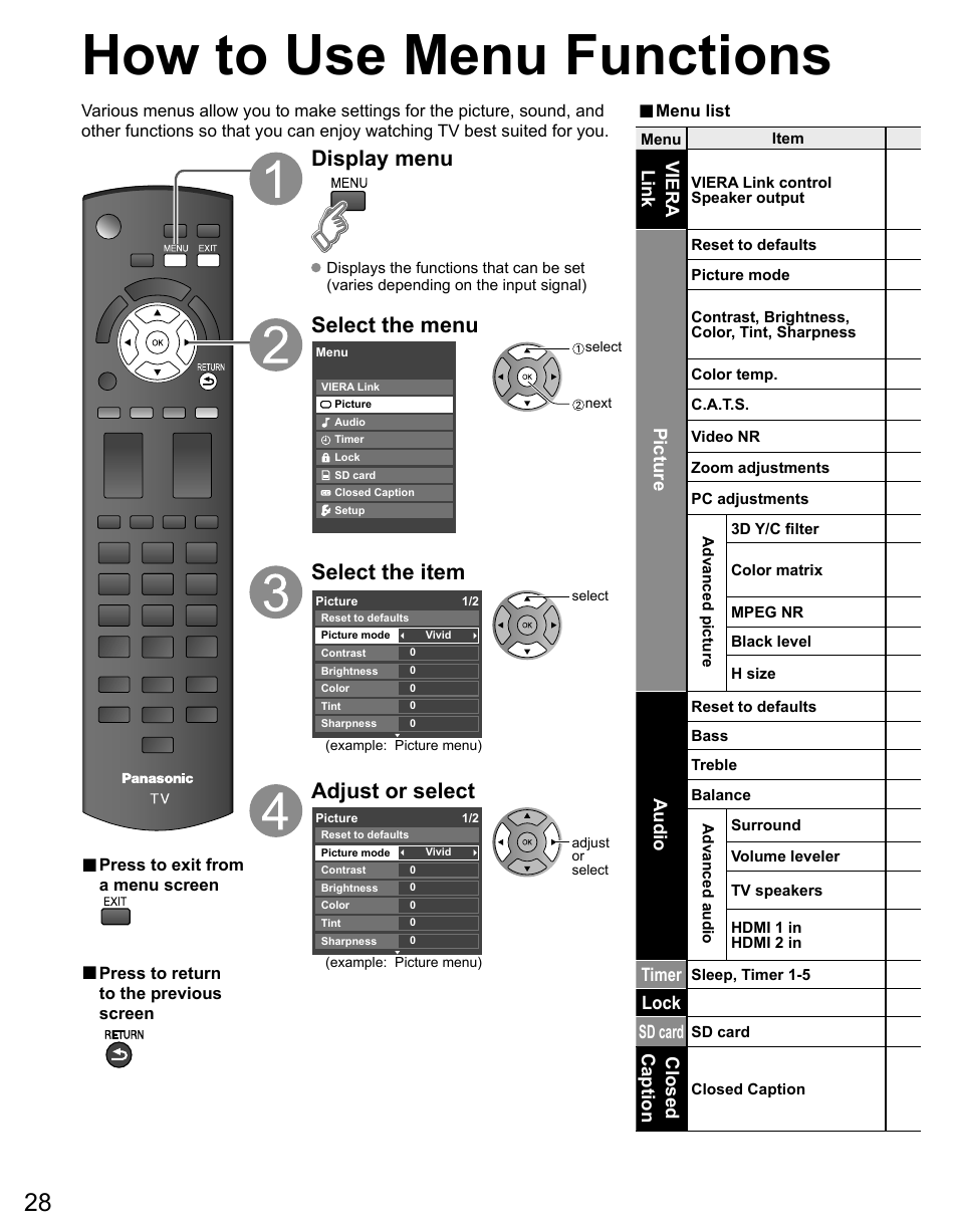 How to use menu functions, Display menu, Select the menu | Select the item, Adjust or select | Panasonic TC-50PX14 User Manual | Page 28 / 58