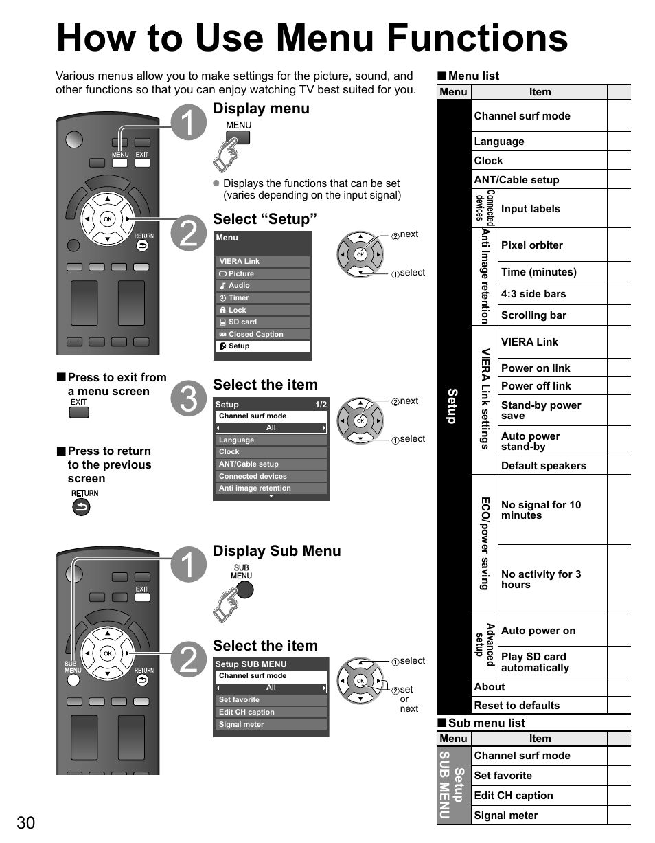 How to use menu functions, Display menu, Select “setup | Select the item, Display sub menu | Panasonic TC-50PX14 User Manual | Page 30 / 58