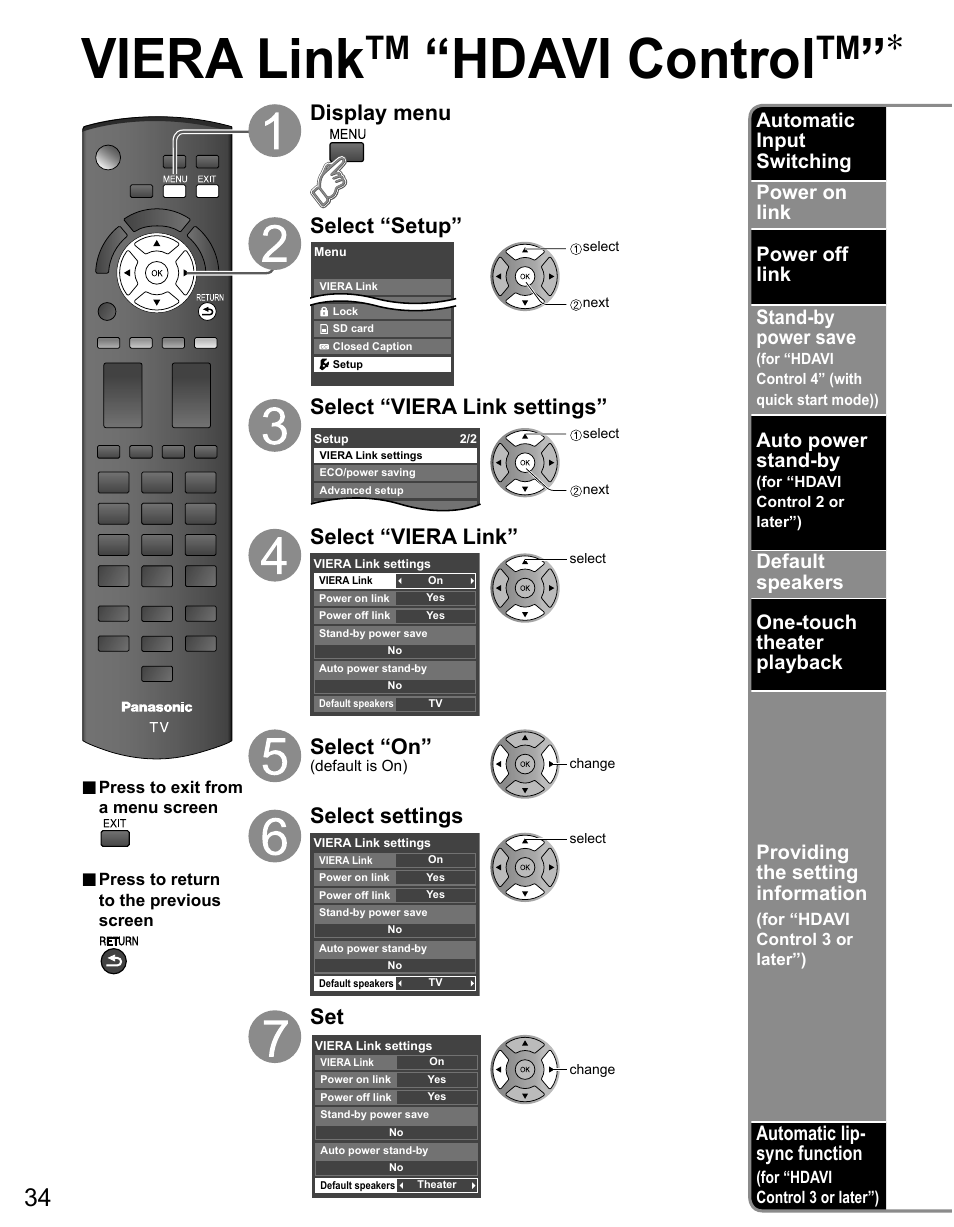 Viera link, Hdavi control, Display menu select “setup | Select “viera link settings, Select “viera link, Select “on, Select settings, Auto power stand-by, Automatic lip- sync function | Panasonic TC-50PX14 User Manual | Page 34 / 58