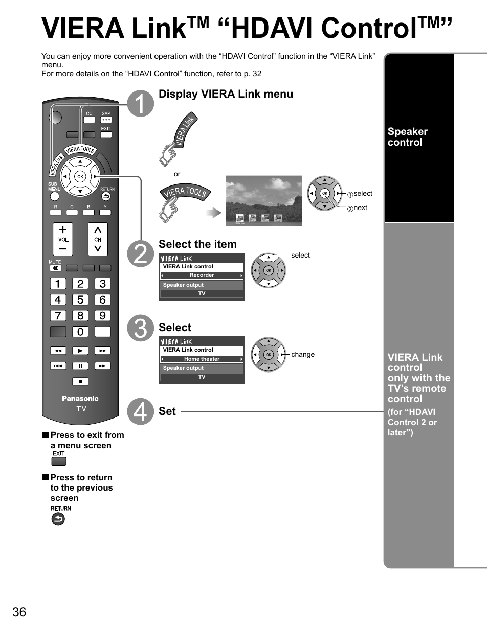 Viera link, Hdavi control | Panasonic TC-50PX14 User Manual | Page 36 / 58