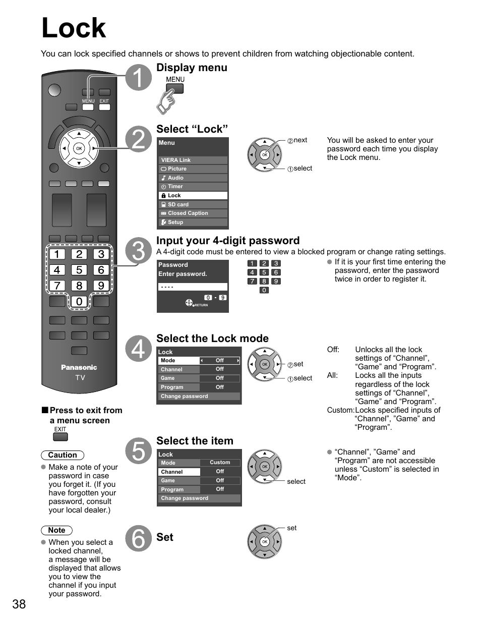 Lock, Display menu select “lock, Input your 4-digit password | Select the lock mode, Select the item | Panasonic TC-50PX14 User Manual | Page 38 / 58