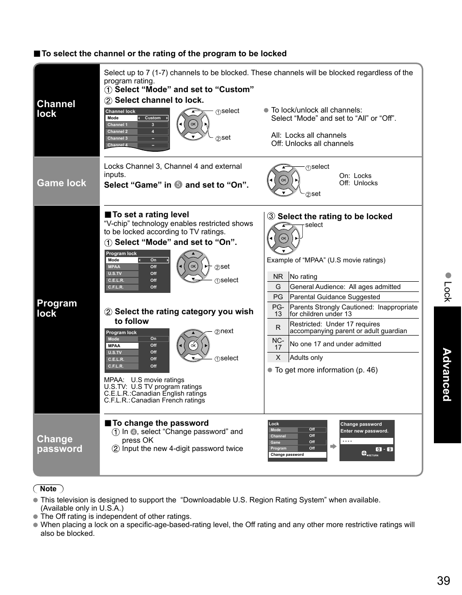 Advanced, Lock, Channel lock | Game lock, Program lock, Change password | Panasonic TC-50PX14 User Manual | Page 39 / 58