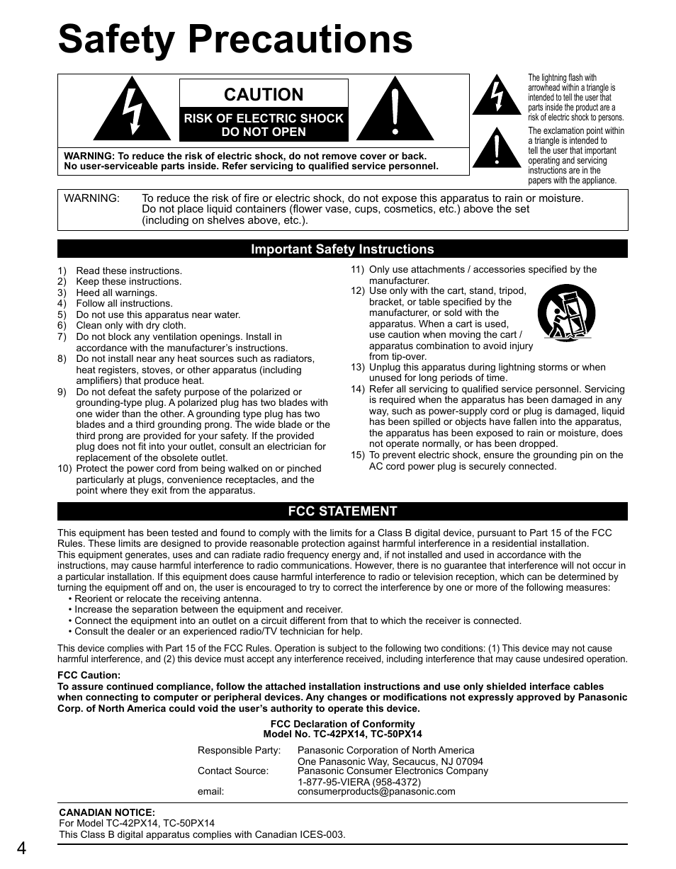 Safety precautions, Caution, Important safety instructions | Fcc statement | Panasonic TC-50PX14 User Manual | Page 4 / 58