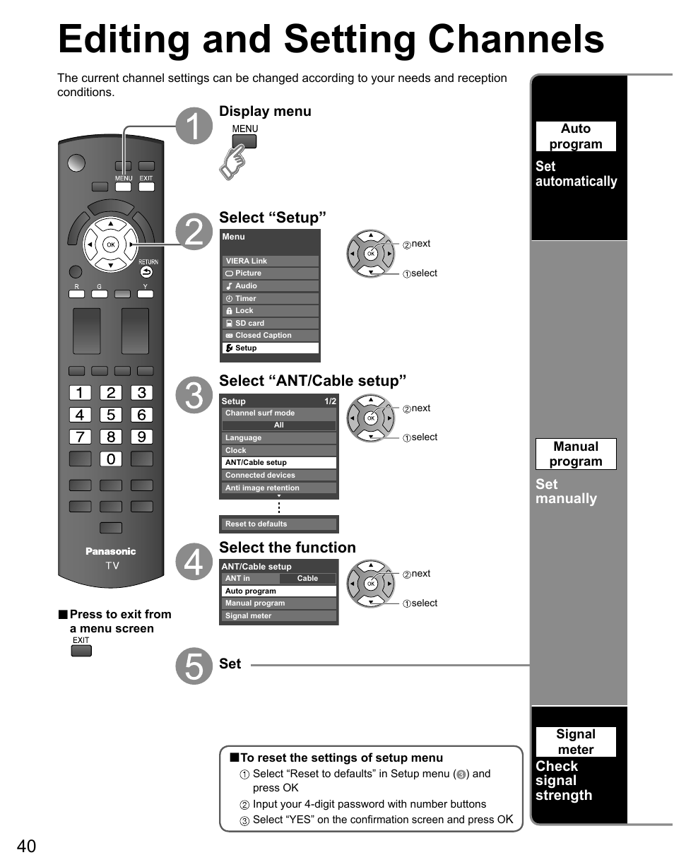 Editing and setting channels, Select “setup, Select “ant/cable setup | Select the function, Display menu, Set automatically, Set manually, Check signal strength | Panasonic TC-50PX14 User Manual | Page 40 / 58