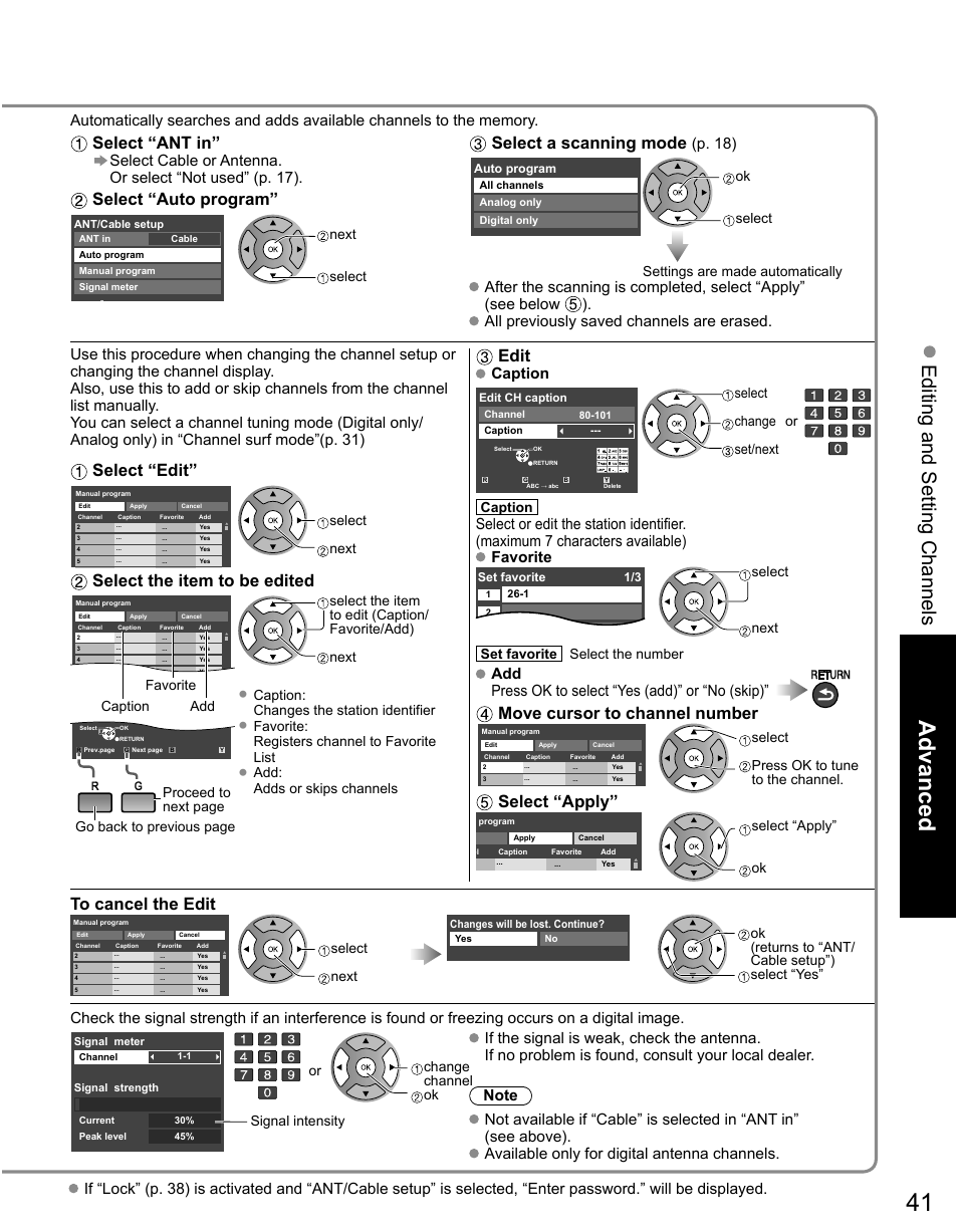 Advanced, Editing and setting channels, Select “ant in | Select “auto program, Select a scanning mode, Edit, Move cursor to channel number, Select “apply, Select “edit, Select the item to be edited | Panasonic TC-50PX14 User Manual | Page 41 / 58
