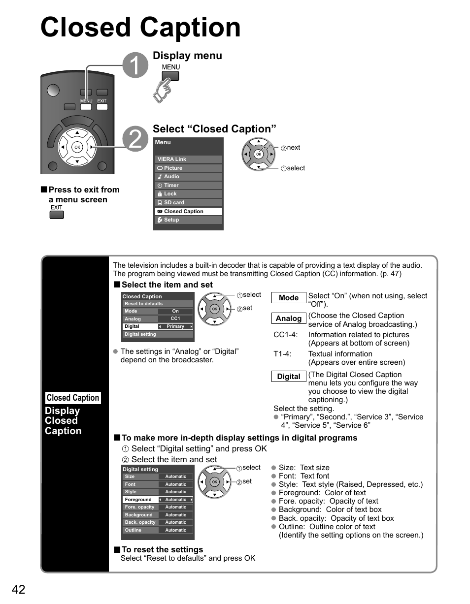 Closed caption, Display menu select “closed caption, Display closed caption | Panasonic TC-50PX14 User Manual | Page 42 / 58