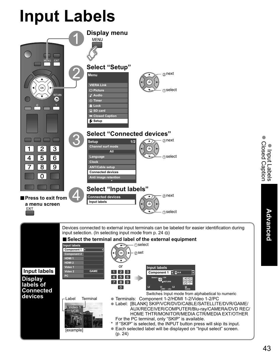 Input labels, Advanced, Display menu select “setup | Select “connected devices, Select “input labels, Input labels closed caption, Display labels of connected devices | Panasonic TC-50PX14 User Manual | Page 43 / 58