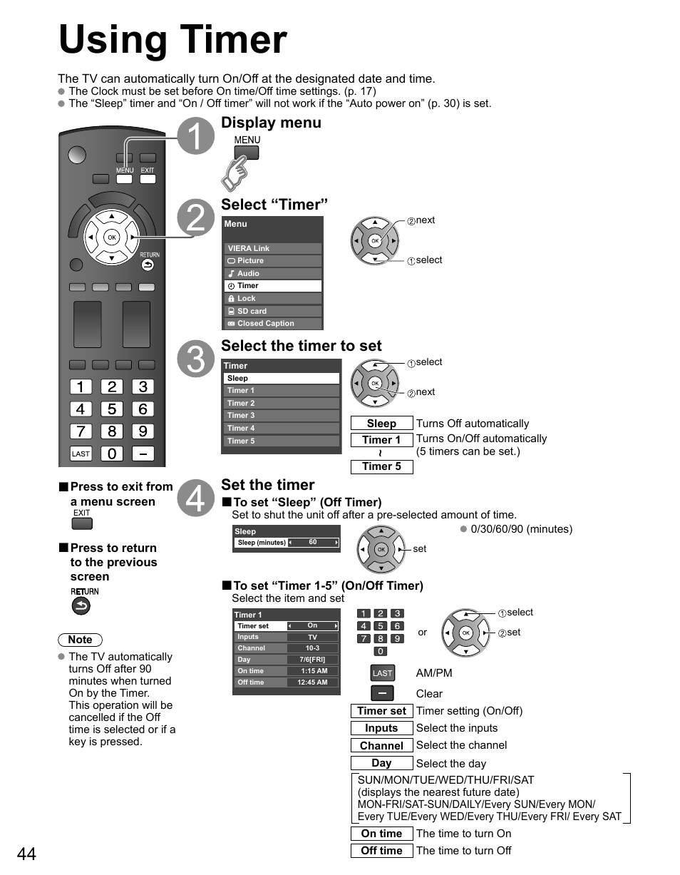 Using timer, Display menu select “timer, Select the timer to set | Set the timer | Panasonic TC-50PX14 User Manual | Page 44 / 58