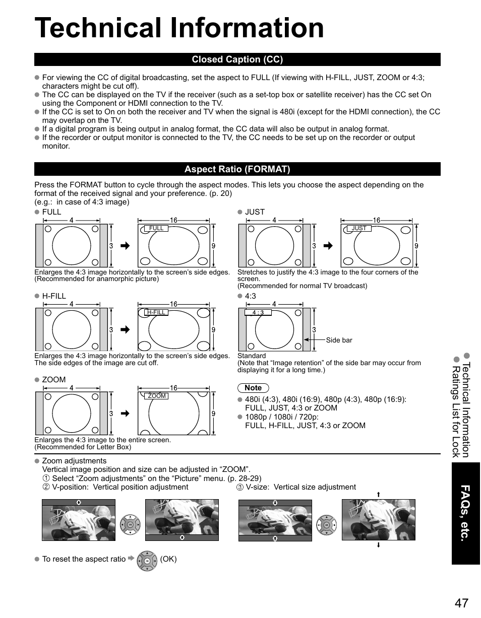 Technical information, Faqs, etc, Technical information ratings list for lock | Panasonic TC-50PX14 User Manual | Page 47 / 58