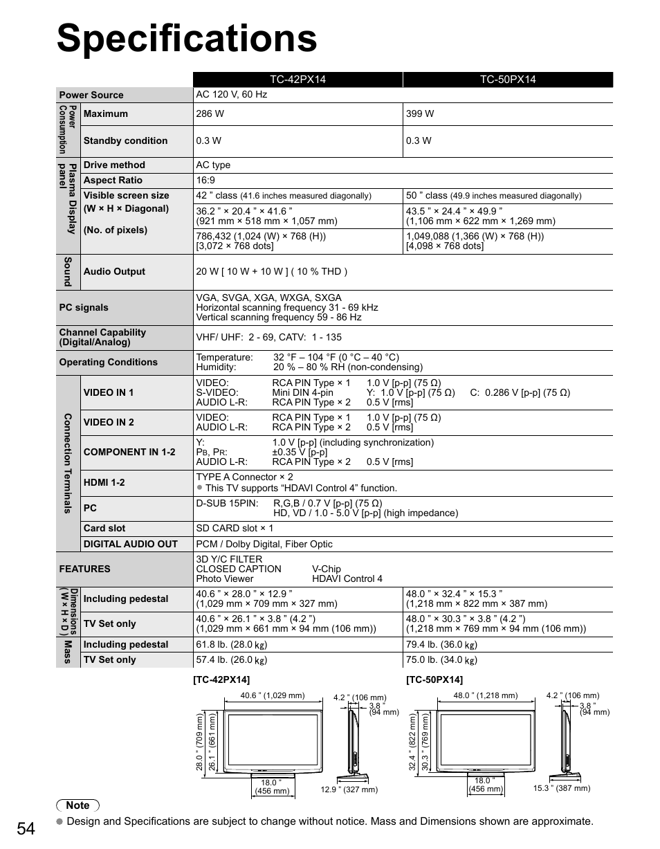 Specifications | Panasonic TC-50PX14 User Manual | Page 54 / 58