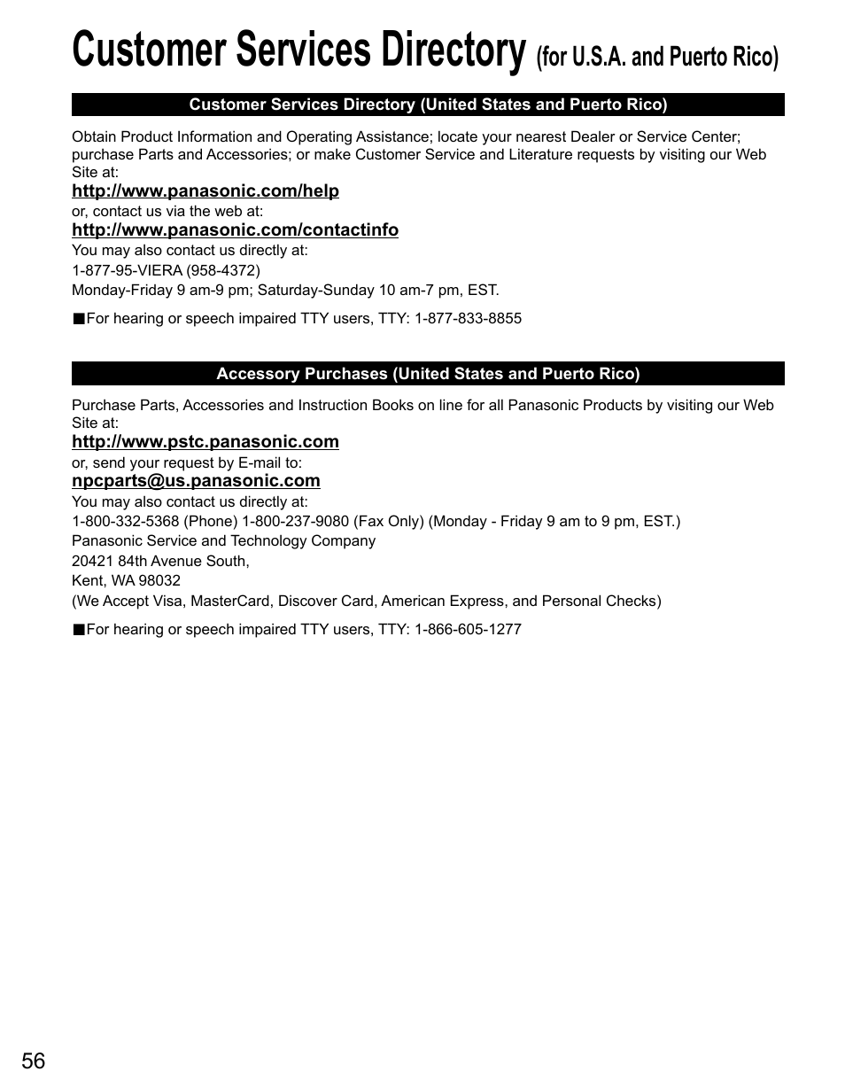 Customer services directory, For u.s.a. and puerto rico) | Panasonic TC-50PX14 User Manual | Page 56 / 58