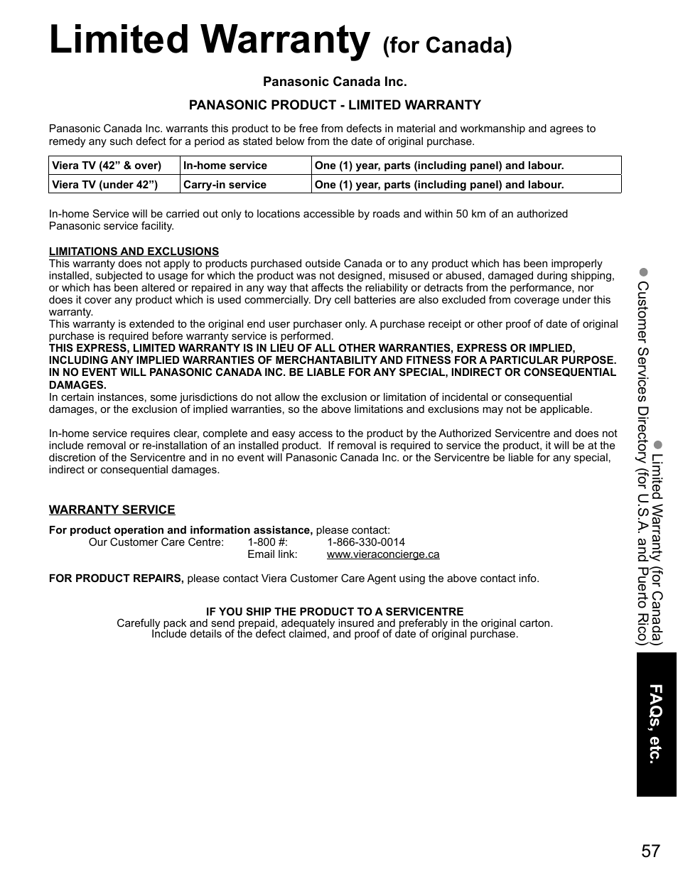 Limited warranty (for canada), Limited warranty, For canada) | Faqs, etc | Panasonic TC-50PX14 User Manual | Page 57 / 58