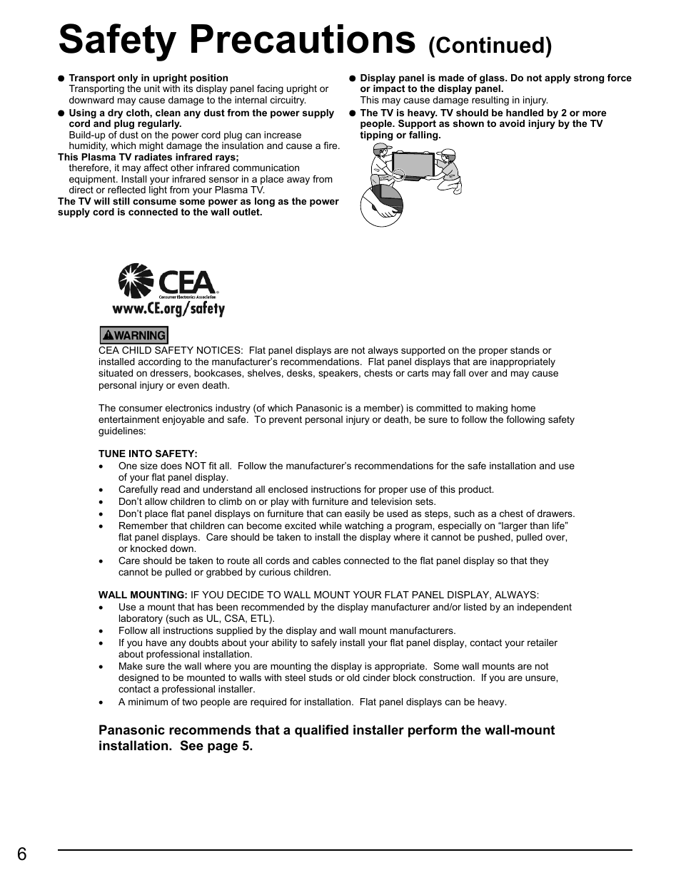 Safety precautions, Continued) | Panasonic TC-50PX14 User Manual | Page 6 / 58