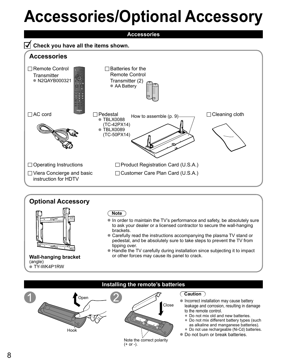 Accessories/optional accessory, Accessories, Optional accessory | Panasonic TC-50PX14 User Manual | Page 8 / 58