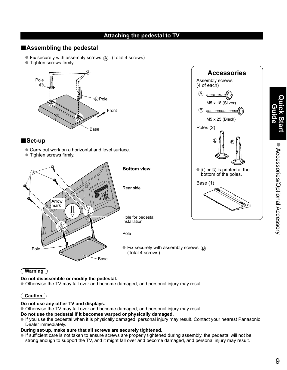 Quick start guide, Accessories, Accessories/optional accessory | Assembling the pedestal, Set-up | Panasonic TC-50PX14 User Manual | Page 9 / 58