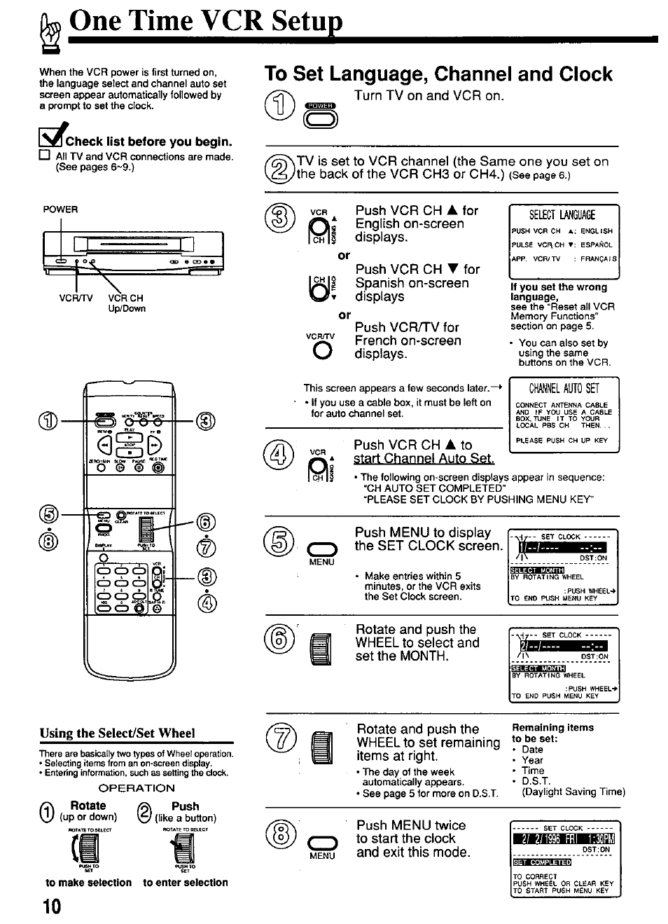 To set language, channel and clock, One time vcr setup | Panasonic PV-4651 User Manual | Page 10 / 28