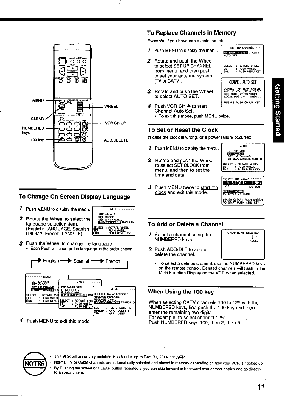 To change on screen display language 1, To replace channels in memory, To set or reset the clock | To add or delete a channel, When using the 100 key | Panasonic PV-4651 User Manual | Page 11 / 28