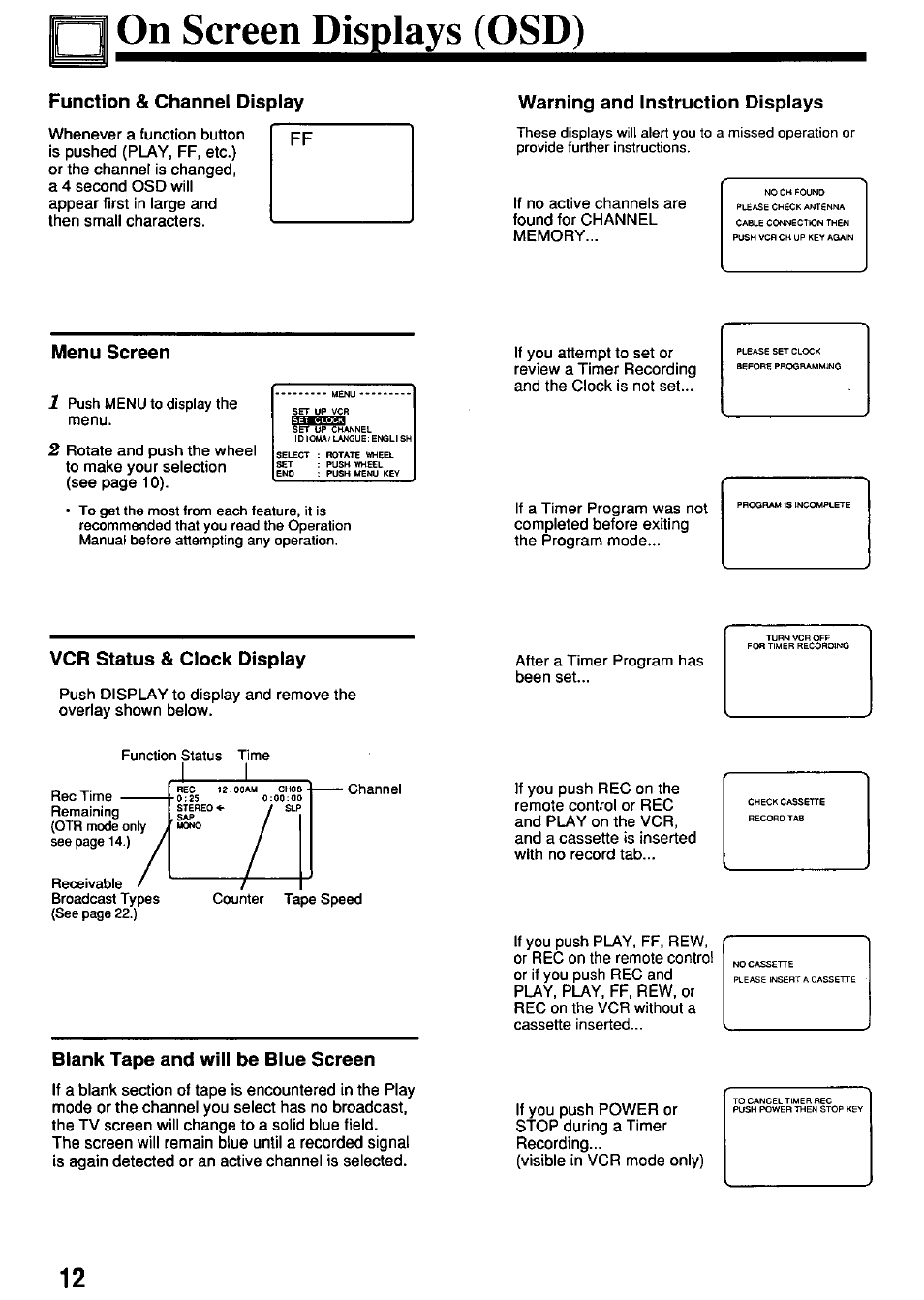 Function & channel display, Menu screen, Warning and instruction displays | Vcr status & clock display, Blank tape and will be blue screen, Ni qn screen displays (osd), J____ l | Panasonic PV-4651 User Manual | Page 12 / 28