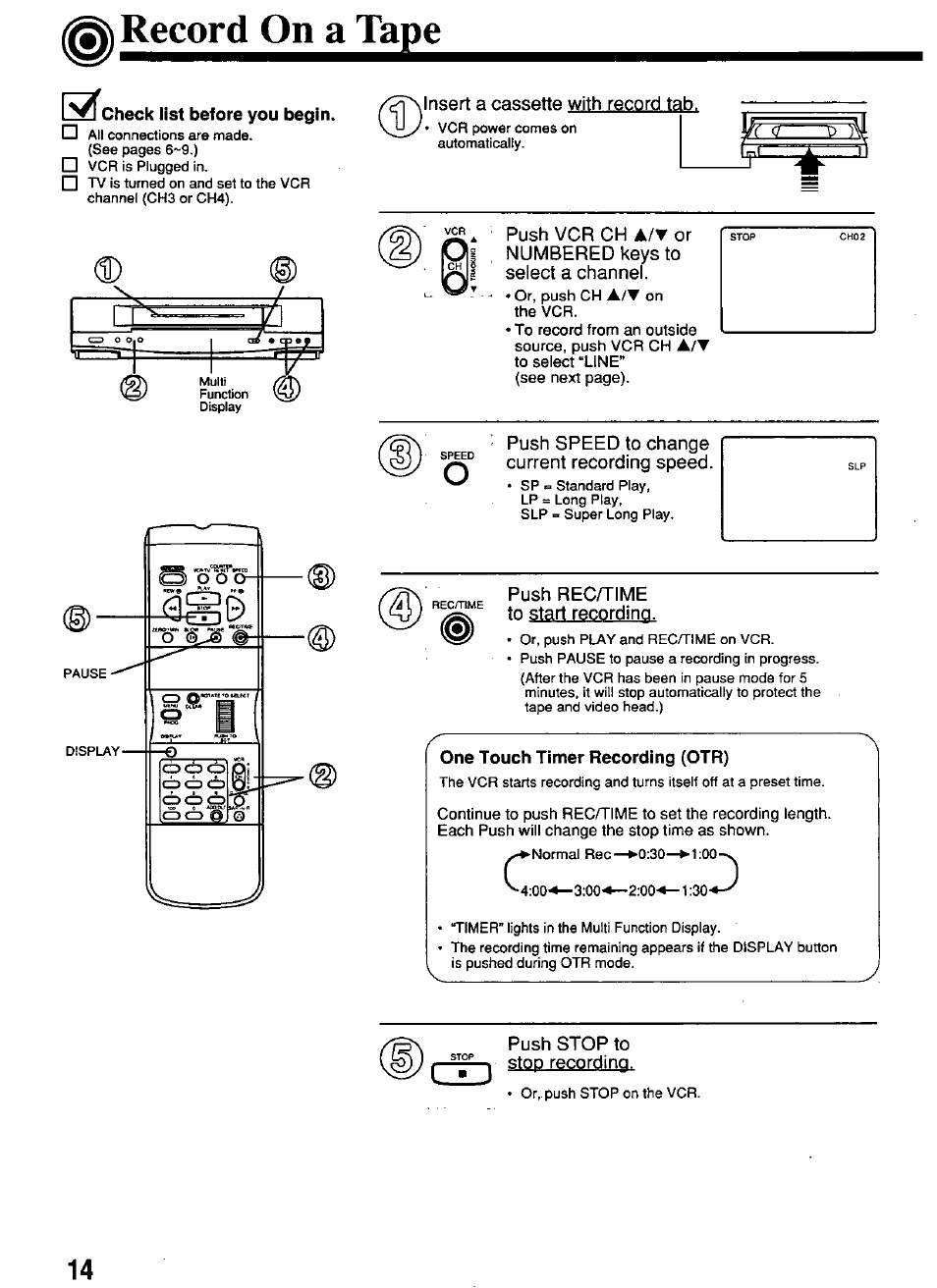 One touch timer recording (otr), One touch recording (otr), Recondon^l^ge | Panasonic PV-4651 User Manual | Page 14 / 28