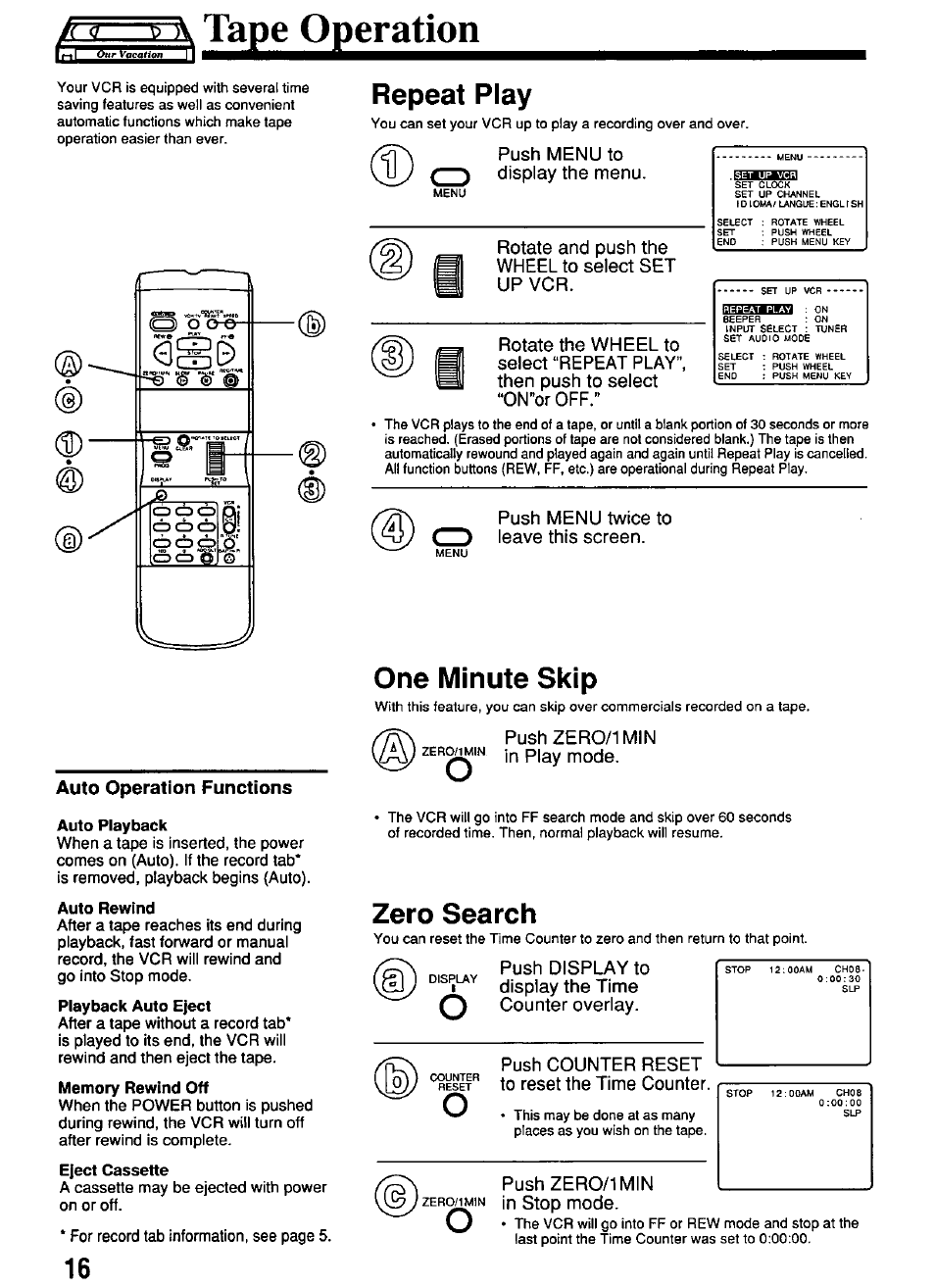Auto operation functions, Repeat play, One minute skip | Zero search, Auto repeat function | Panasonic PV-4651 User Manual | Page 16 / 28