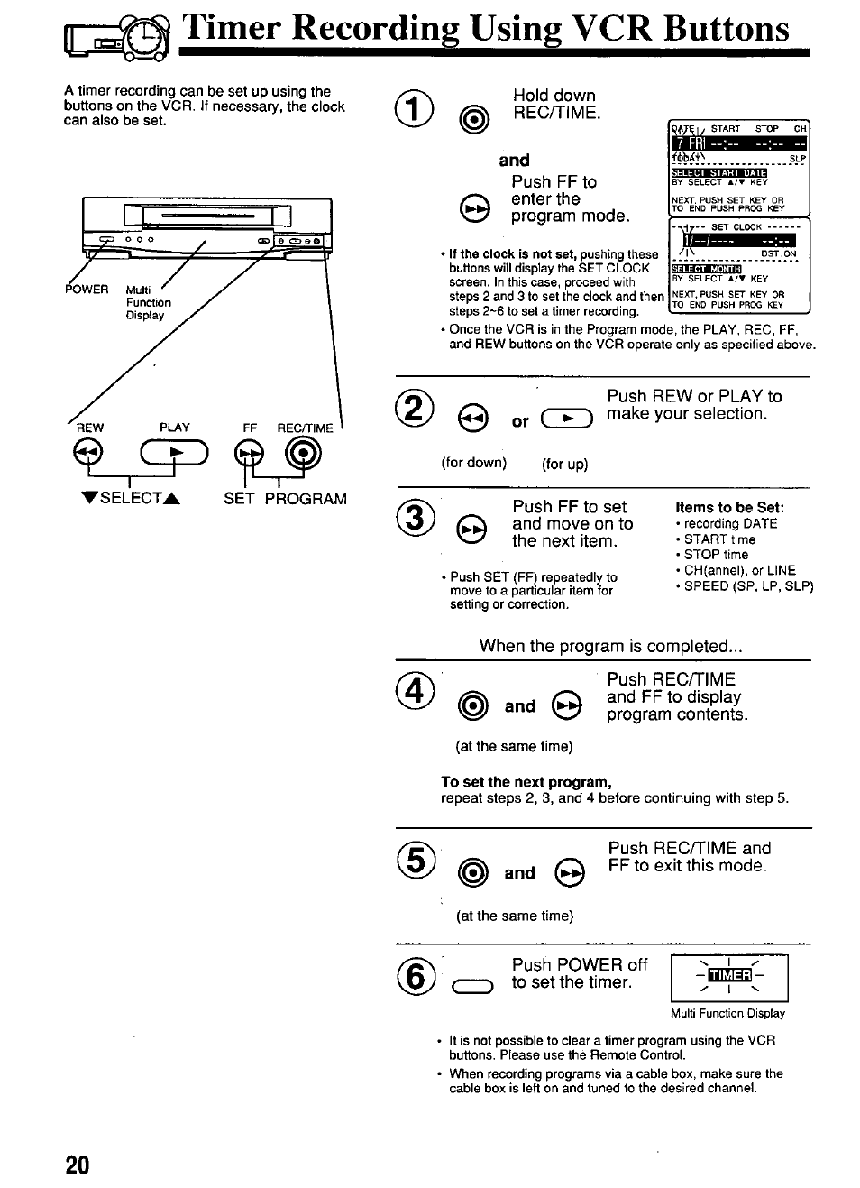 Timer recording using vcr buttons, Items to be set | Panasonic PV-4651 User Manual | Page 20 / 28