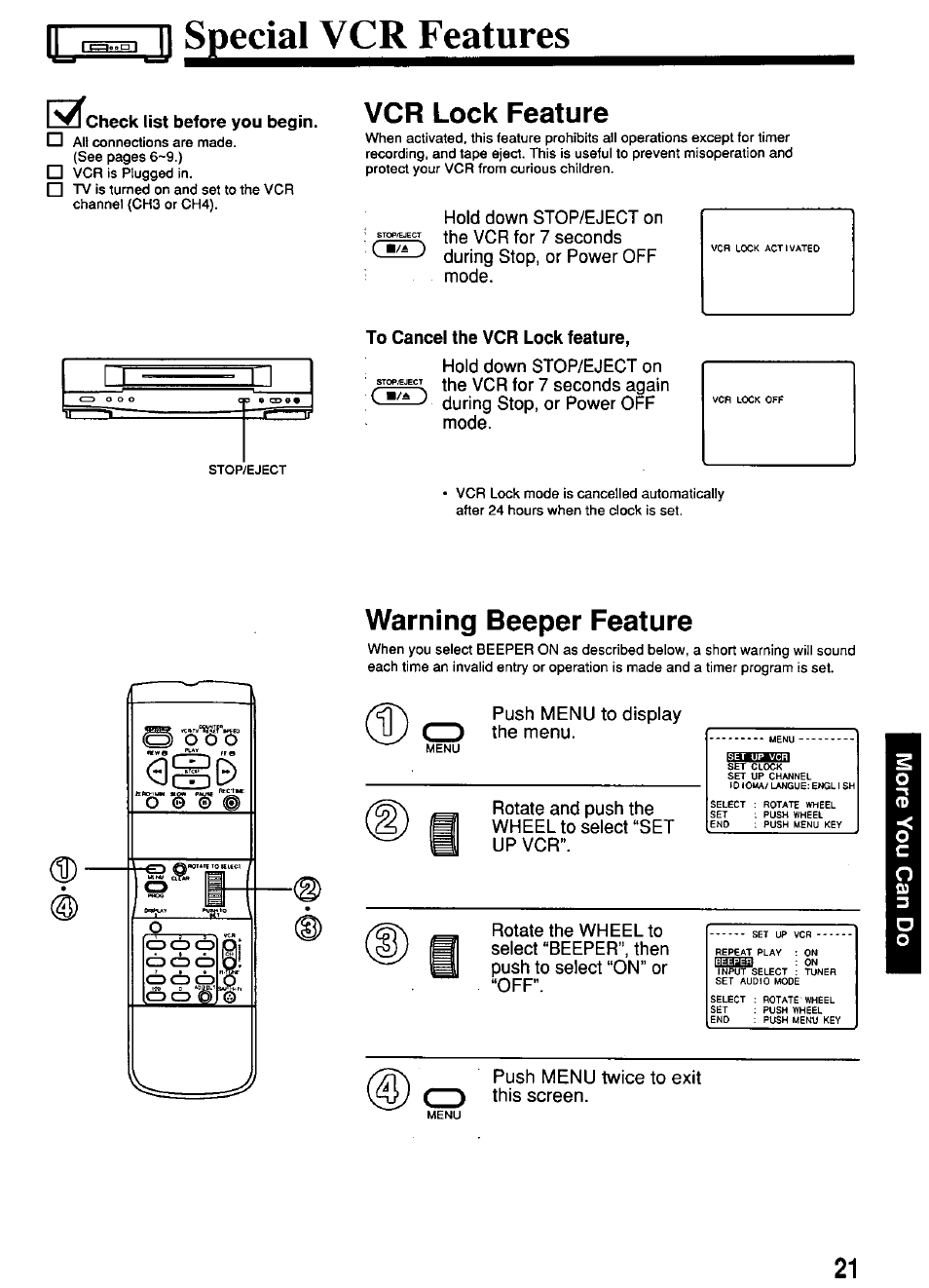 Check list before you begin, Vcr lock feature, To cancel the vcr lock feature | Warning beeper feature, J specialvcrfeatures | Panasonic PV-4651 User Manual | Page 21 / 28