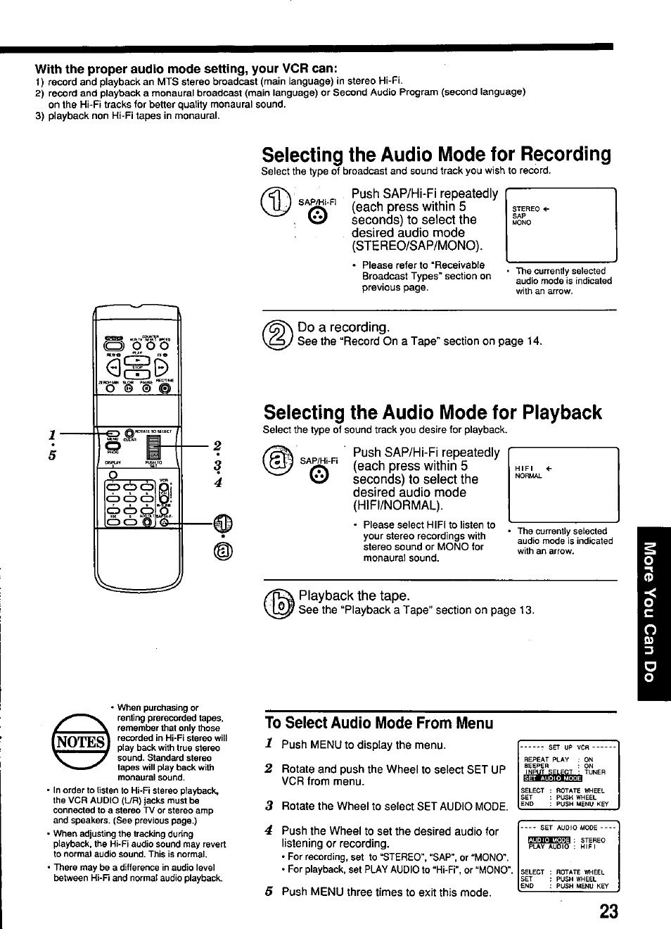 With the proper audio mode setting, your vcr can, Selecting the audio mode for recording, Selecting the audio mode for playback | Panasonic PV-4651 User Manual | Page 23 / 28