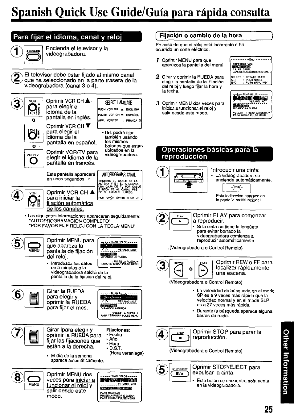Para fijar el idioma, canal y reto, Fijación o cambio de la hora, Operaciones básicas para la reproducción | Fijaciones, Spanishquickusejgu, L ■ j | Panasonic PV-4651 User Manual | Page 25 / 28