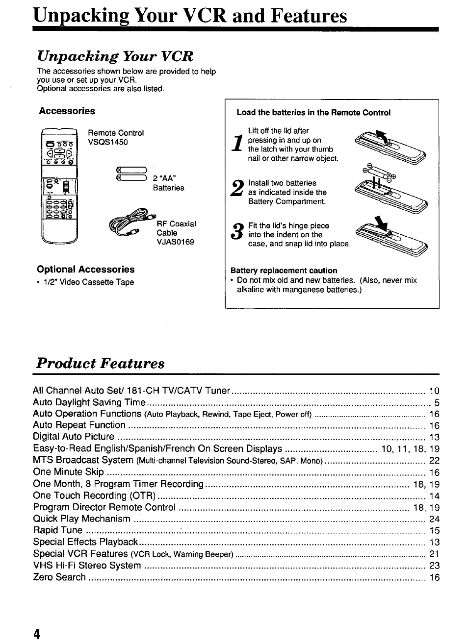 Unpacking your vcr and features, Unpacking your vcr, Product features | Panasonic PV-4651 User Manual | Page 4 / 28