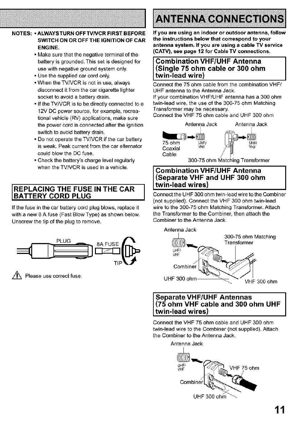Antenna connections, Separate vhf/uhf antennas, Battery cord plug | Panasonic PV C923 User Manual | Page 11 / 40