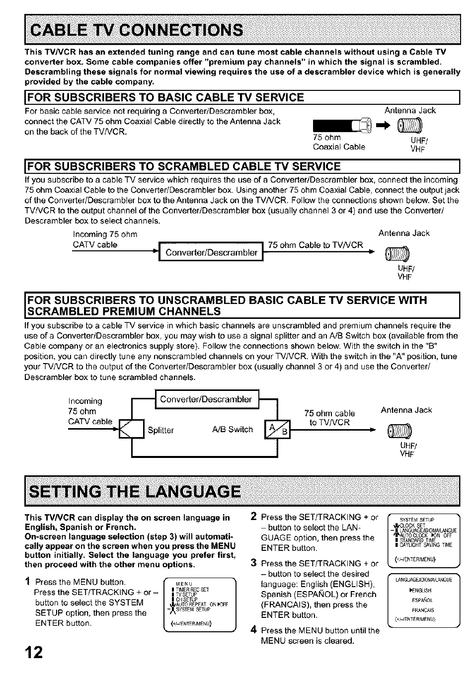 Setting the language, For subscribers to basic cable tv service, For subscribers to scrambled cable tv service | Panasonic PV C923 User Manual | Page 12 / 40