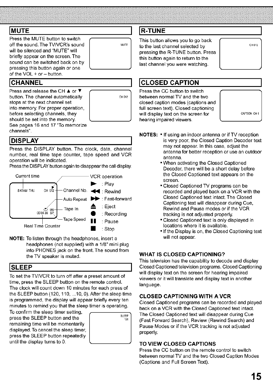 Channel, Display, Sleep | Closed caption, Mute r-tune | Panasonic PV C923 User Manual | Page 15 / 40