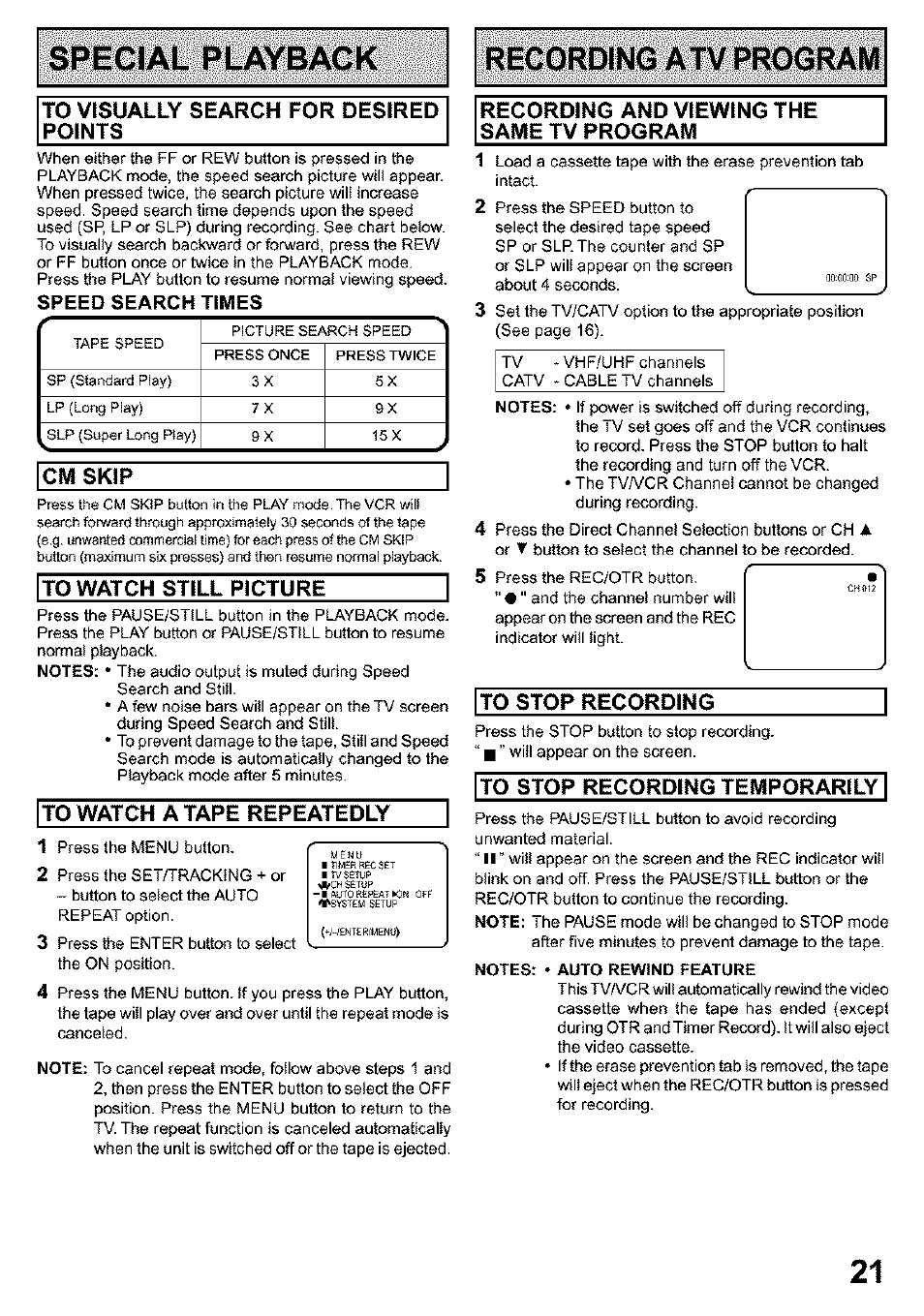 Special playback, Recording atv program, Cm skip | And viewing the same tv program | Panasonic PV C923 User Manual | Page 21 / 40
