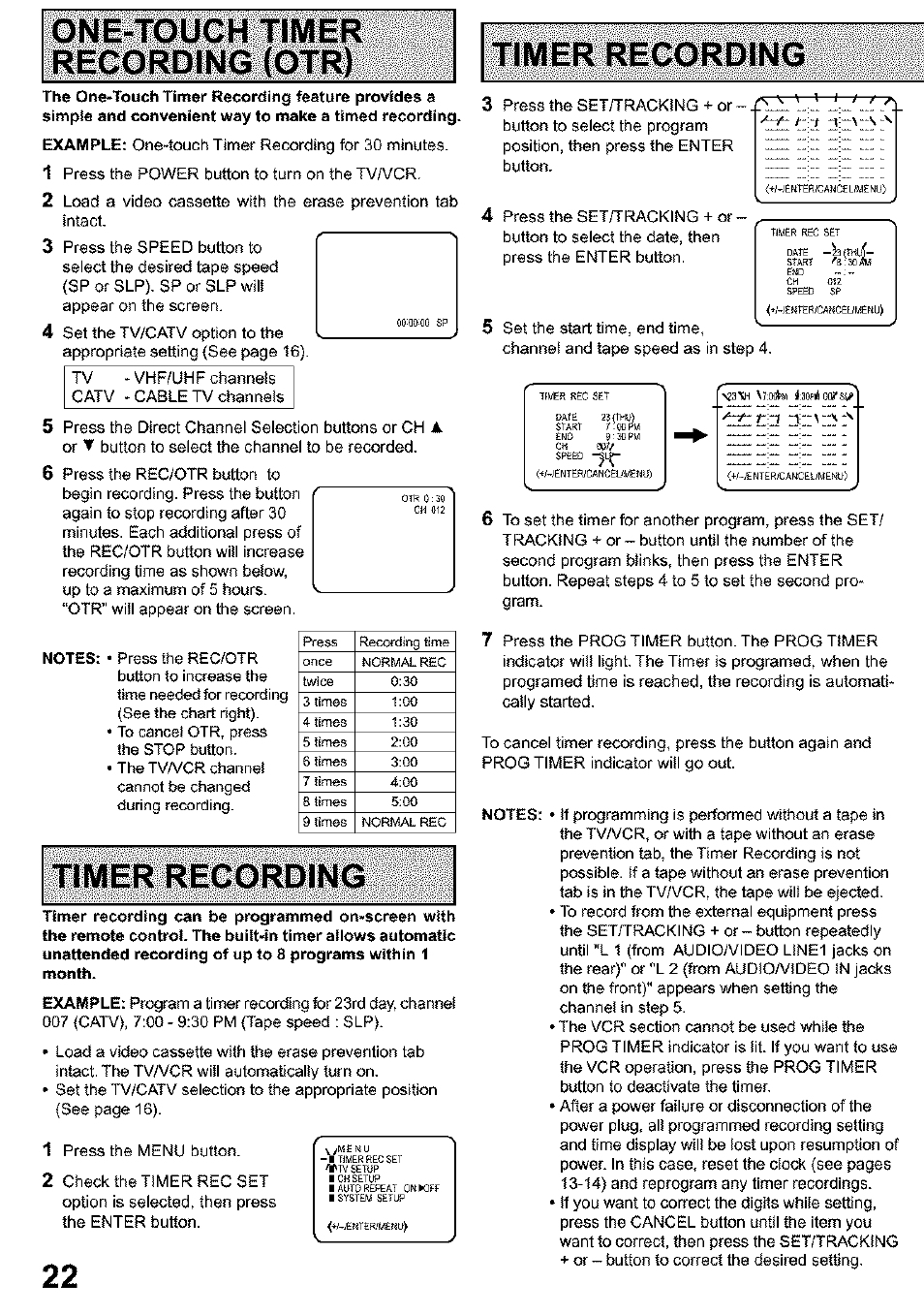 One-touch timer recording (otr), Timer recording, Menu | Panasonic PV C923 User Manual | Page 22 / 40