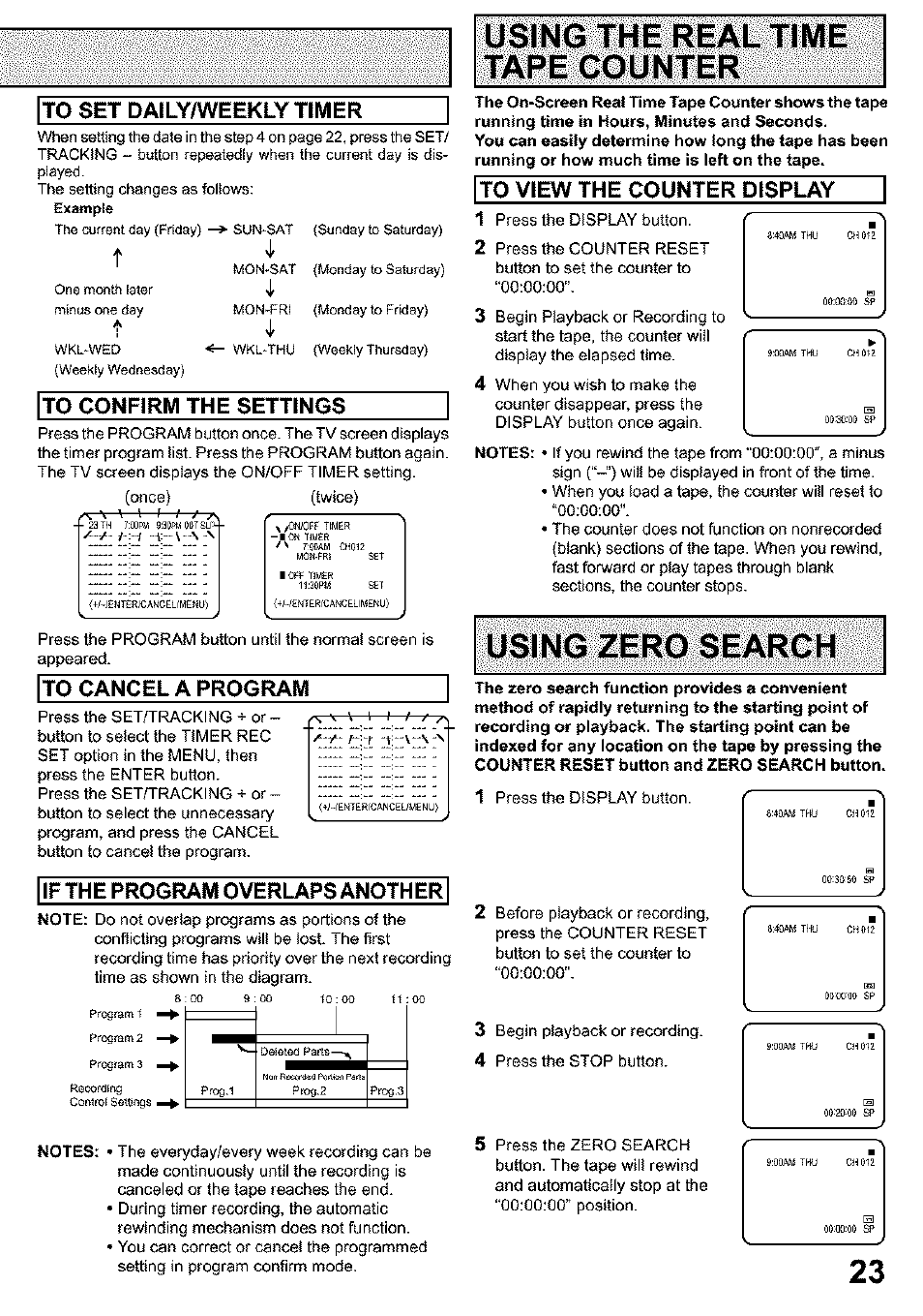 Using the real, Using zer0 search, Using zero search | If th e program overlaps anoth er | Panasonic PV C923 User Manual | Page 23 / 40