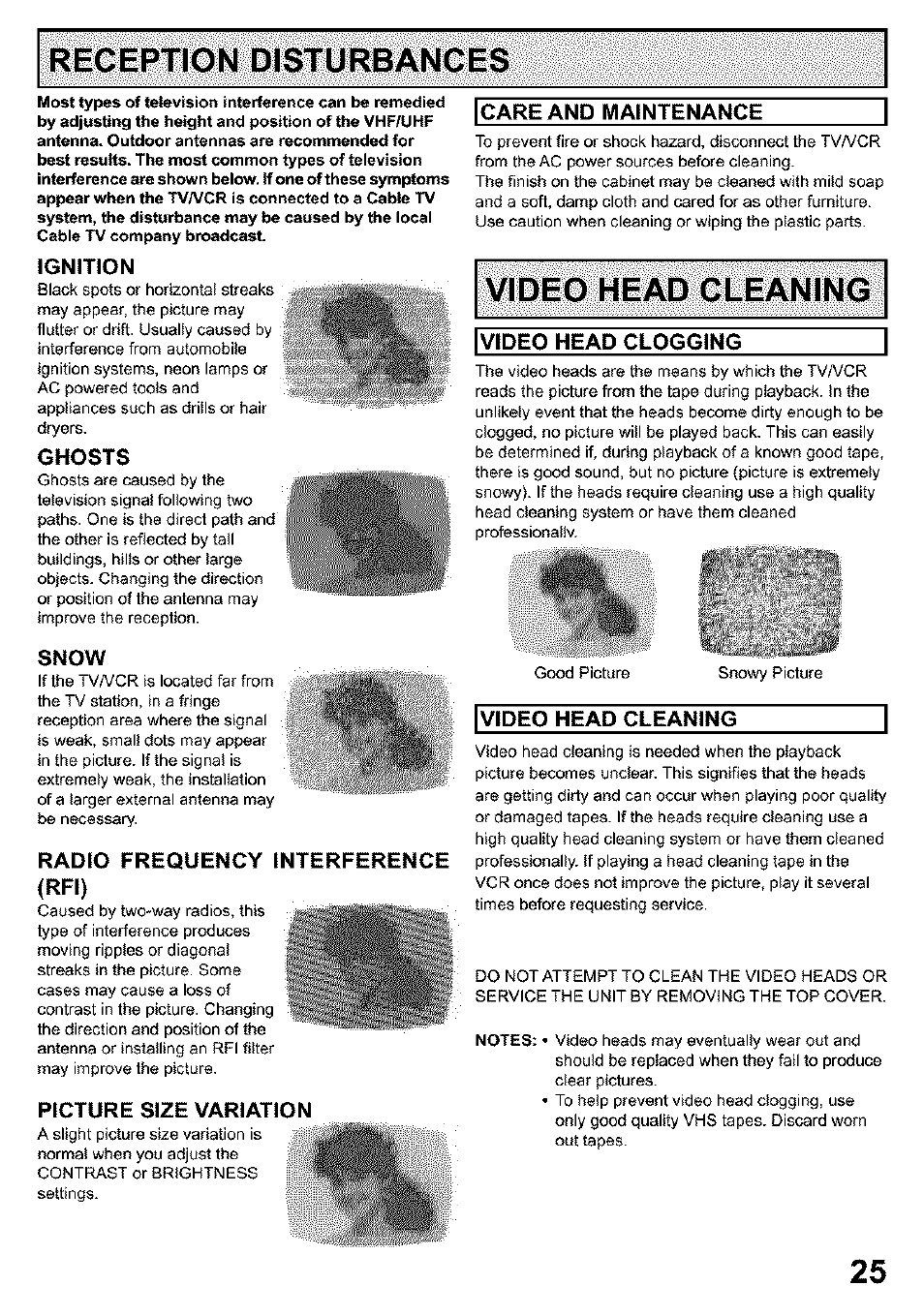 A/ide0heàto, Ignition, Ghosts | Snow, Radio frequency interference (rfi), Picture size variation, Icare and maintenance, Video head clogging, Video head cleaning | Panasonic PV C923 User Manual | Page 25 / 40
