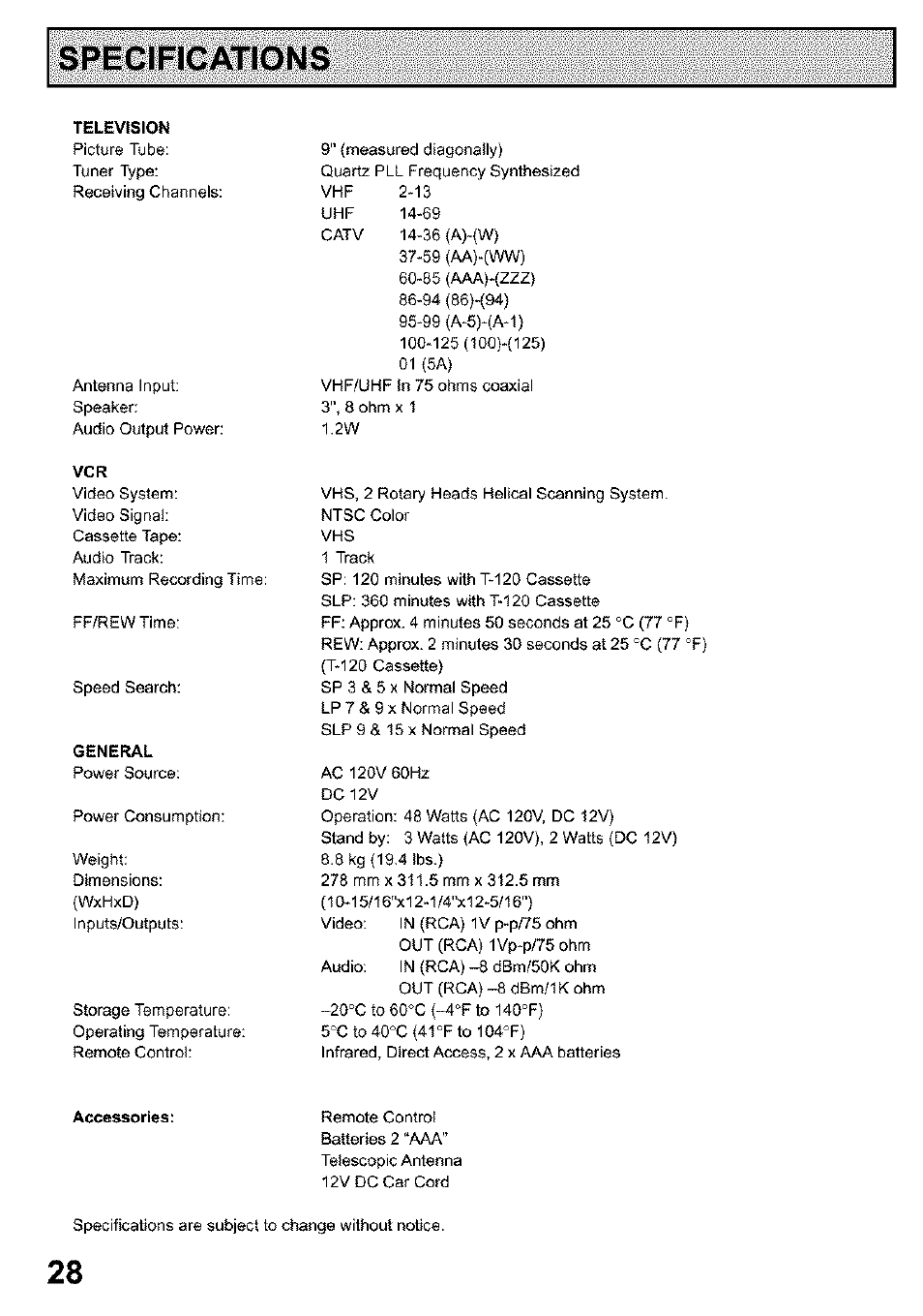 Specifications | Panasonic PV C923 User Manual | Page 28 / 40