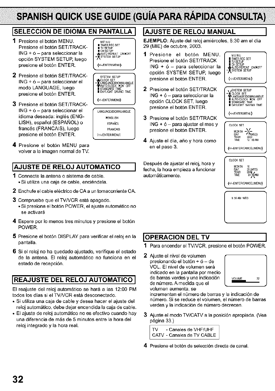 Ajuste de reloj automatico, Reajuste del reloj automatico, Operacion del tv | Panasonic PV C923 User Manual | Page 32 / 40