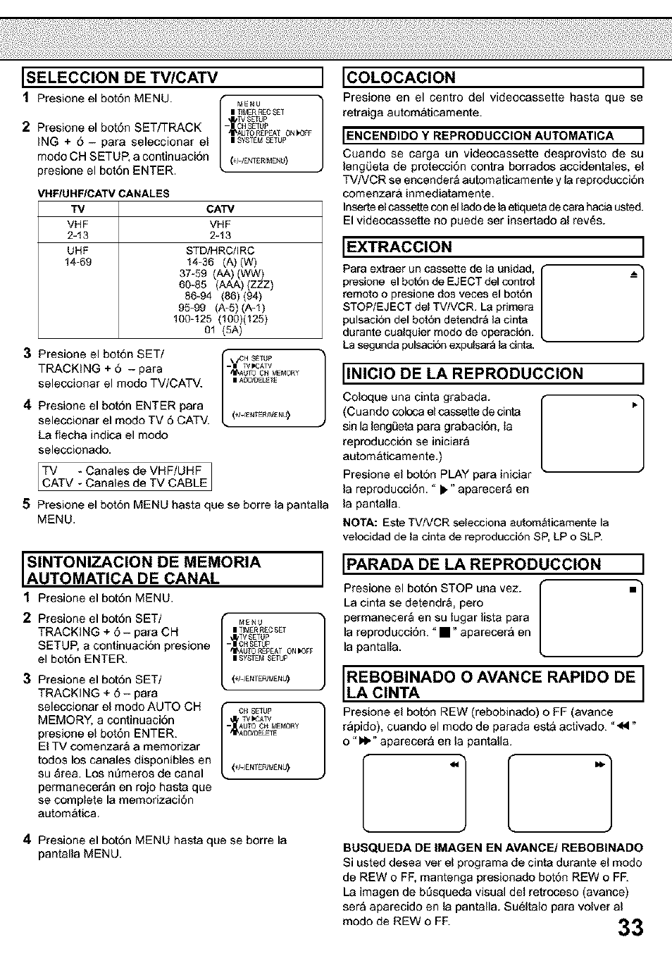 Seleccion de tv/catv, Colocacion, Extraccion | Inicio de la reproduccion, Parada de la reproduccion, Rebobinado o avance rapido de la cinta | Panasonic PV C923 User Manual | Page 33 / 40