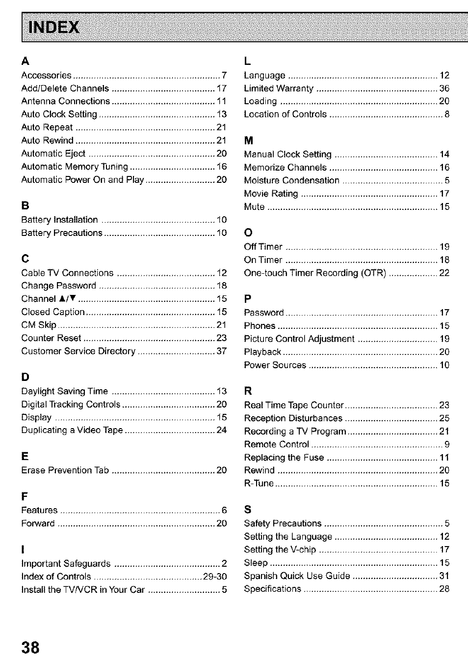 Index | Panasonic PV C923 User Manual | Page 38 / 40