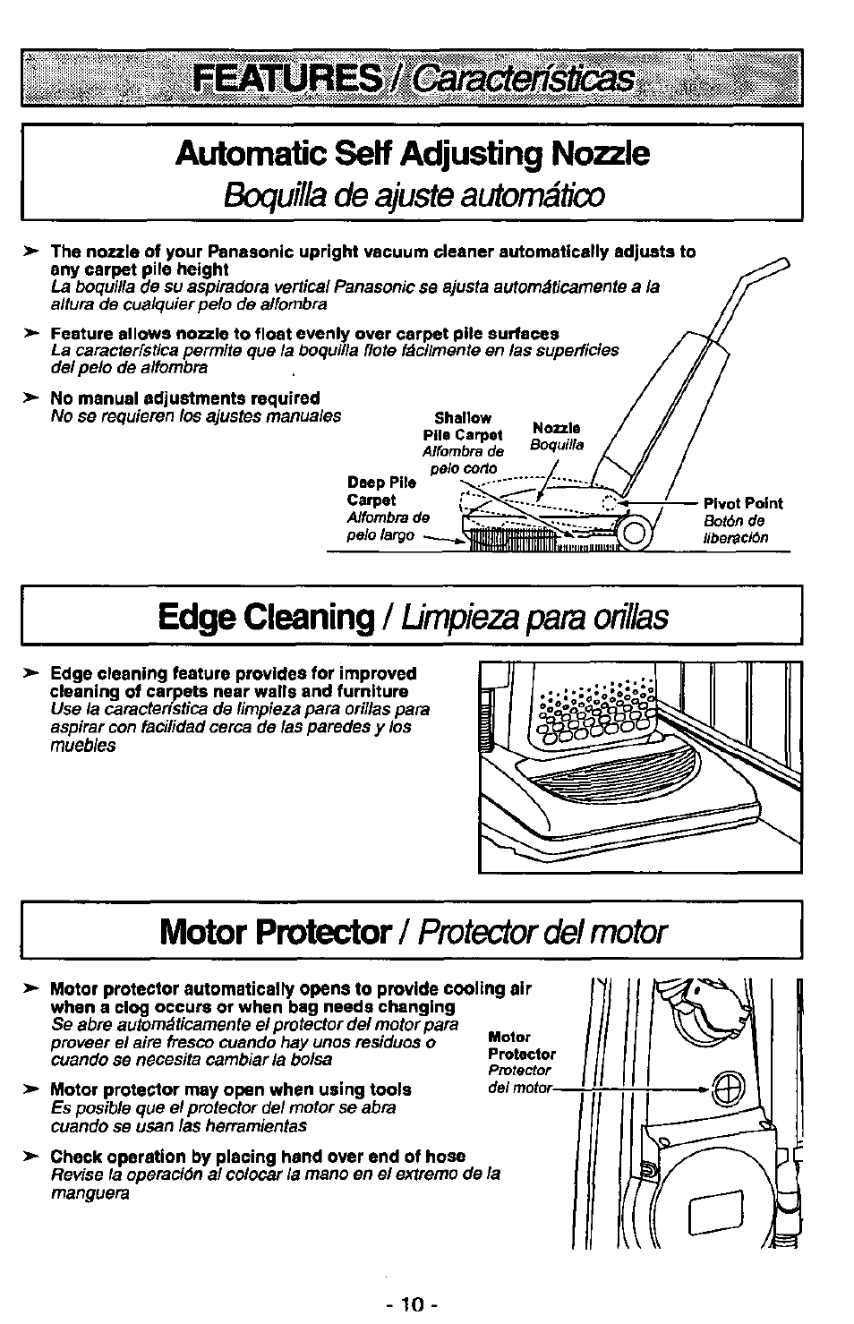 Automatic self adjusting nozzle, Edge cleaning, W*esateaacwaffis | Motor protector, Boquilla de ajuste automático, Protector del motor, Limpieza para orillas | Panasonic MC-V7380 User Manual | Page 10 / 28