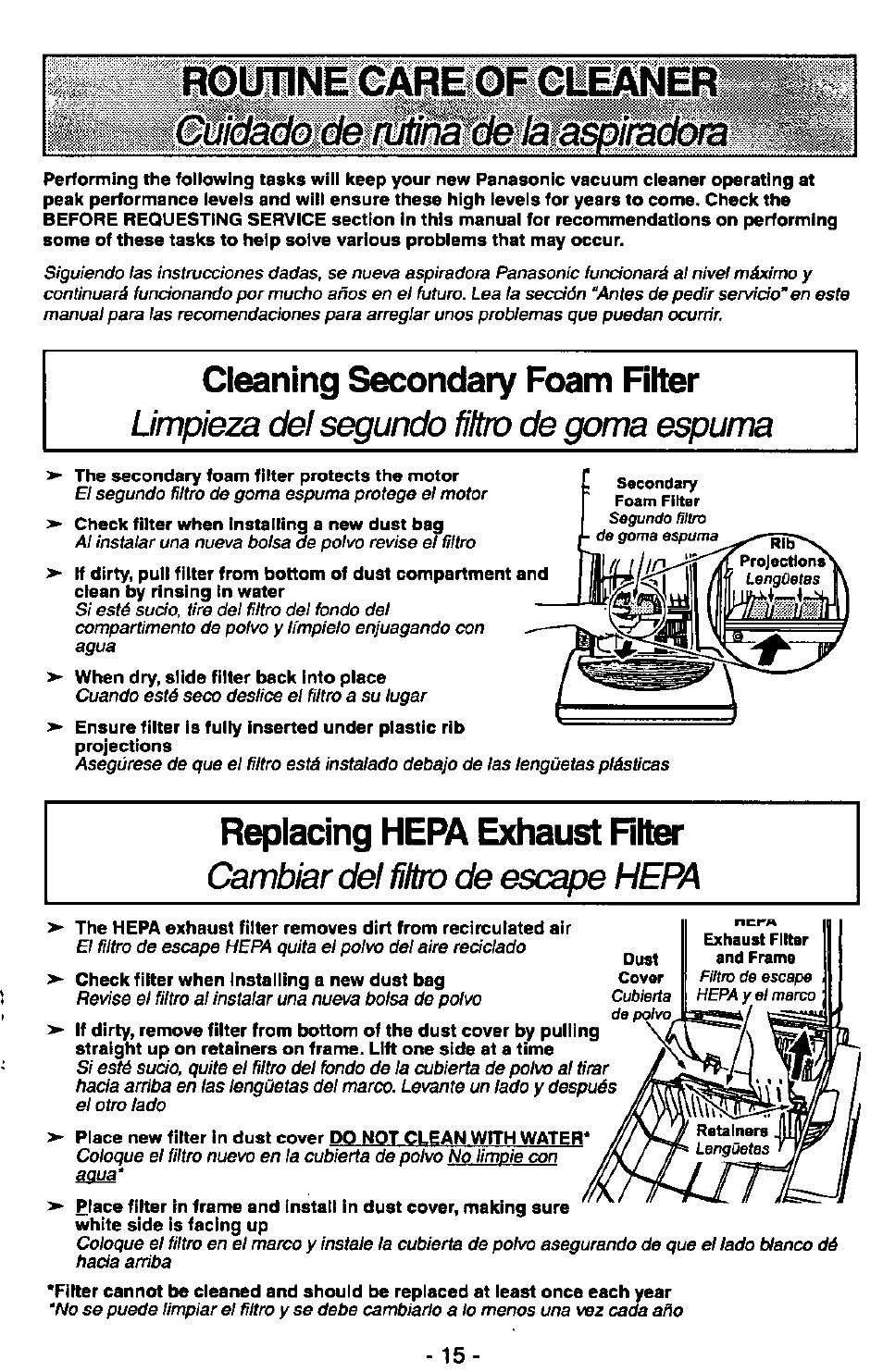 Cleaning secondary foam filter, Replacing hepa exhaust riter, Юшыёш|шшшмё1 | Limpieza del segundo filtro de goma espuma, Cambiar del filtro de escape hepa, Segundo fìltm de goma espuma, Cubierta, Filtro de, Hepa y el marco | Panasonic MC-V7380 User Manual | Page 15 / 28